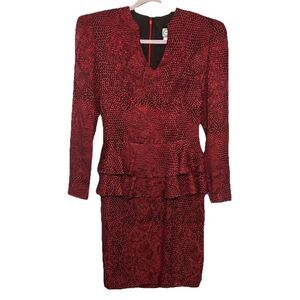 Vintage Carolina Herrera for Neiman Marcus Peplum Silk Dress Size 6 Burgundy Blk